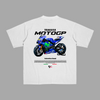 White Valentino Rossi MotoGP T-shirt with Yamaha racing bike and sponsor logos printed on the back