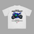 White Valentino Rossi MotoGP T-shirt with Yamaha racing bike and sponsor logos printed on the back