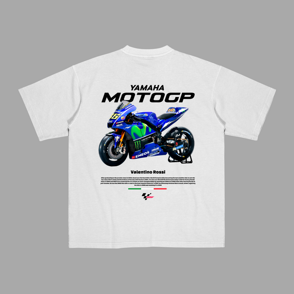 White Valentino Rossi MotoGP T-shirt with Yamaha racing bike and sponsor logos printed on the back