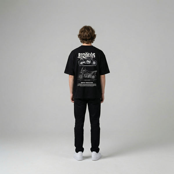 Black BMW R1200 GS t-shirt full body back view with large R1200GS back print | Durty Bikerz