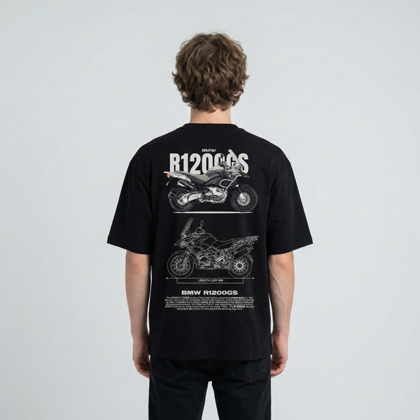 Black BMW R1200 GS t-shirt back view with R1200GS adventure motorcycle graphic print | Durty Bikerz
