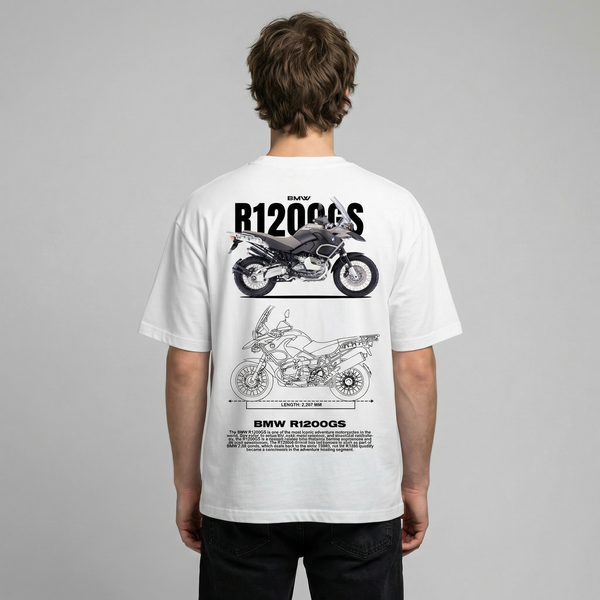 White BMW R1200 GS t-shirt back view with R1200GS adventure motorcycle graphic print | Durty Bikerz