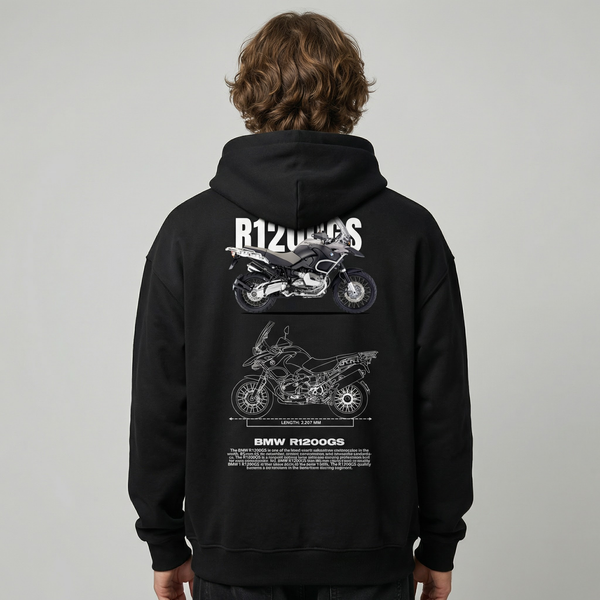 Black BMW R1200GS hoodie back view with R1200GS adventure motorcycle graphic print | Durty Bikerz