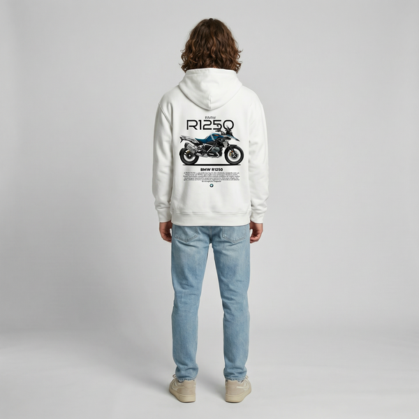 White BMW R1250 GS hoodie full body back view showing large R1250 GS back print | Durty Bikerz