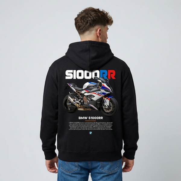 Black BMW S1000RR hoodie back view with S1000RR superbike graphic print | Durty Bikerz