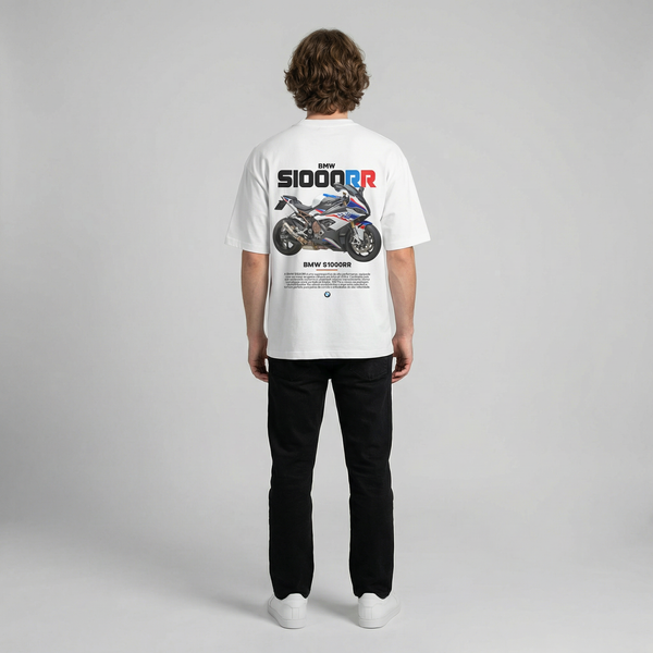 White BMW S1000RR t-shirt full body back view showing large S1000RR back print | Durty Bikerz