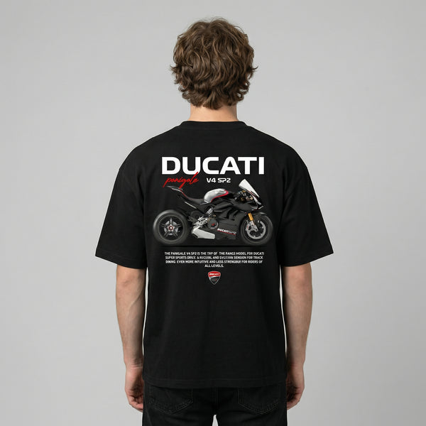 Black Ducati Panigale V4 SP2 t-shirt full body back view with large Panigale V4 SP2 back print | Durty Bikerz