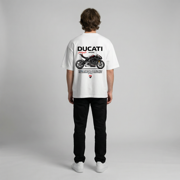 White Ducati Panigale V4 SP2 t-shirt full body back view showing large Panigale V4 SP2 back print | Durty Bikerz