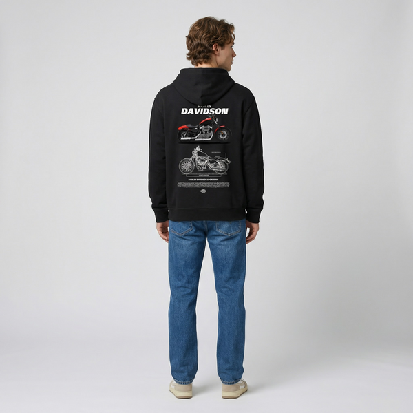 Black Harley-Davidson Sportster hoodie full body back view with large Sportster back print | Durty Bikerz