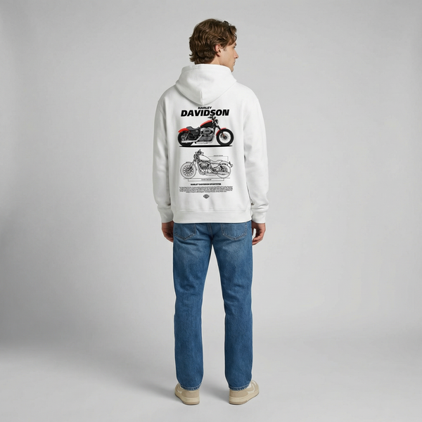 White Harley-Davidson Sportster hoodie full body back view showing large Sportster back print | Durty Bikerz