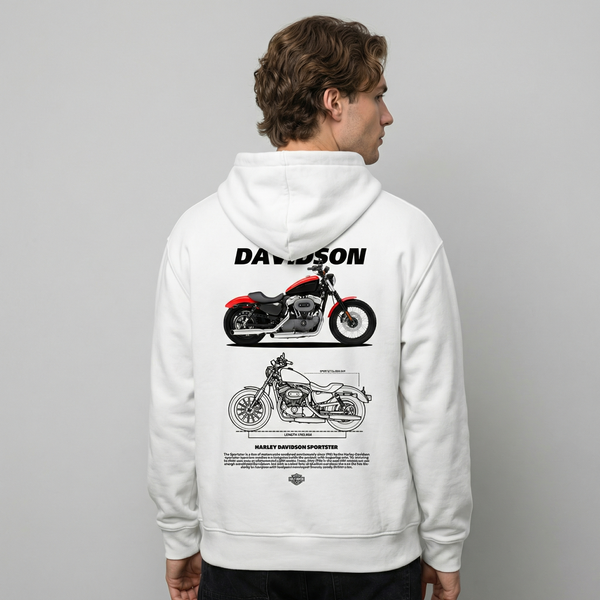 White Harley-Davidson Sportster hoodie back view with Sportster motorcycle graphic print | Durty Bikerz