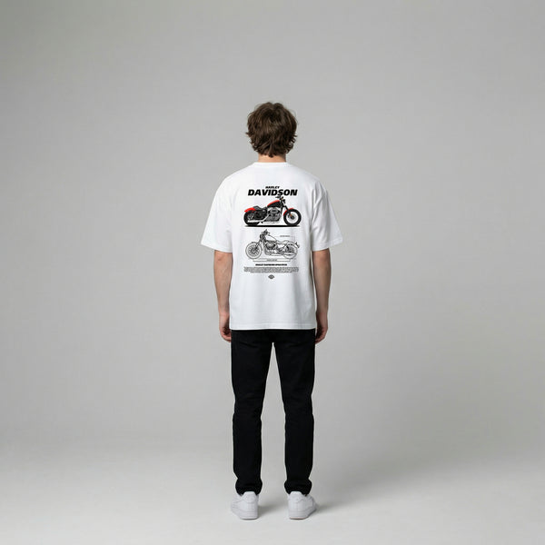 White Harley-Davidson Sportster t-shirt full body back view showing large Sportster back print | Durty Bikerz