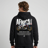 Black Honda Africa Twin hoodie back view with Africa Twin adventure motorcycle graphic print | Durty Bikerz