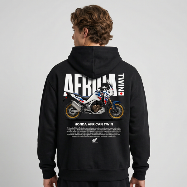 Black Honda Africa Twin hoodie back view with Africa Twin adventure motorcycle graphic print | Durty Bikerz