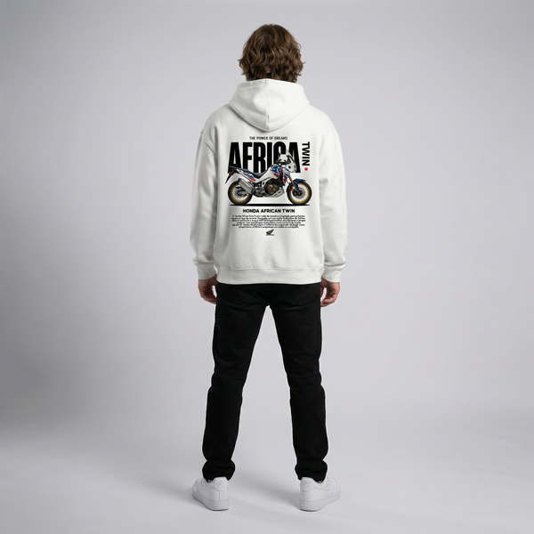 White Honda Africa Twin hoodie full body back view showing large Africa Twin back print | Durty Bikerz