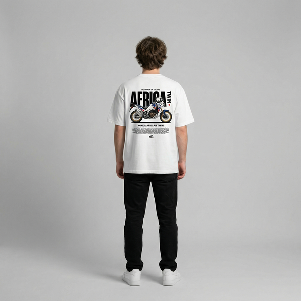 White Honda Africa Twin t-shirt full body back view showing large Africa Twin back print | Durty Bikerz
