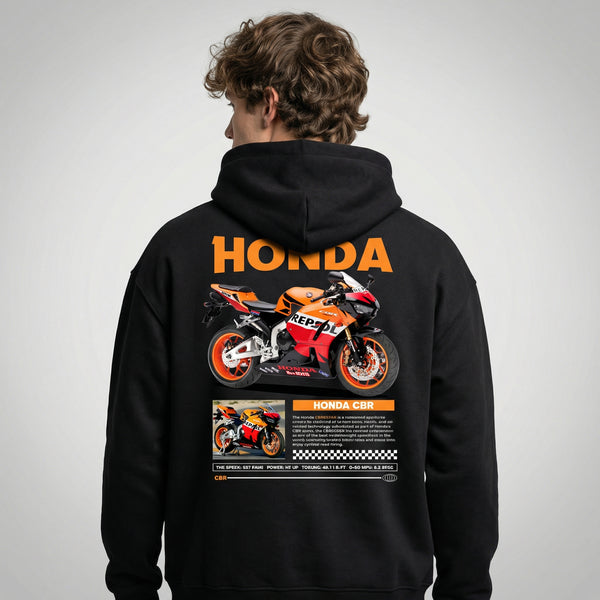 Black Honda CBR Repsol hoodie back view with Repsol racing livery bike graphic print | Durty Bikerz