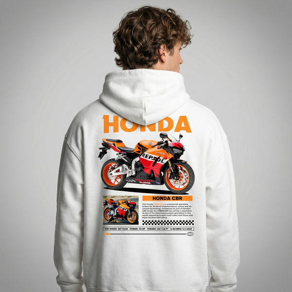 White Honda CBR Repsol hoodie back view with Repsol racing livery bike graphic print | Durty Bikerz
