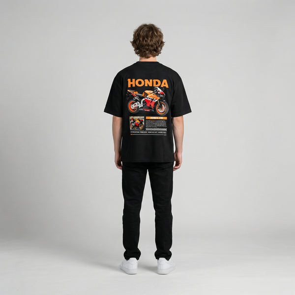 Black Honda CBR Repsol t-shirt full body back view with large Repsol back print | Durty Bikerz