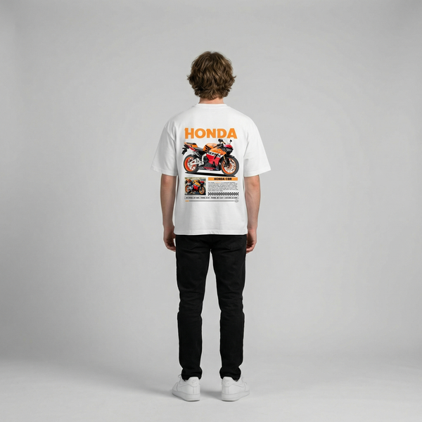 White Honda CBR Repsol t-shirt full body back view showing large Repsol back print | Durty Bikerz