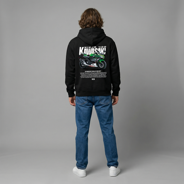 Black Kawasaki Ninja 400 KRT hoodie full body back view with large Ninja 400 KRT back print | Durty Bikerz
