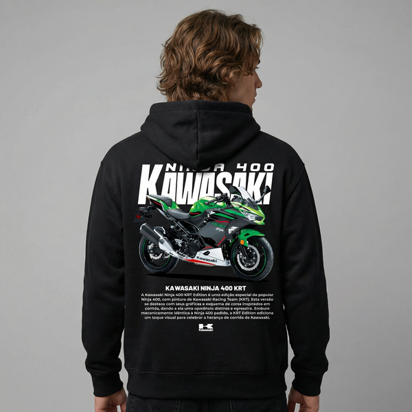 Black Kawasaki Ninja 400 KRT hoodie back view with Ninja 400 KRT motorcycle graphic print | Durty Bikerz