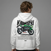 White Kawasaki Ninja 400 KRT hoodie back view with Ninja 400 KRT motorcycle graphic print | Durty Bikerz