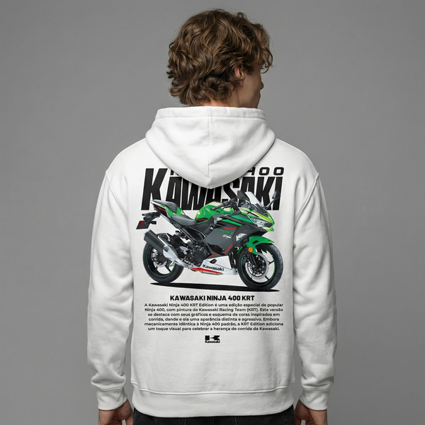 White Kawasaki Ninja 400 KRT hoodie back view with Ninja 400 KRT motorcycle graphic print | Durty Bikerz