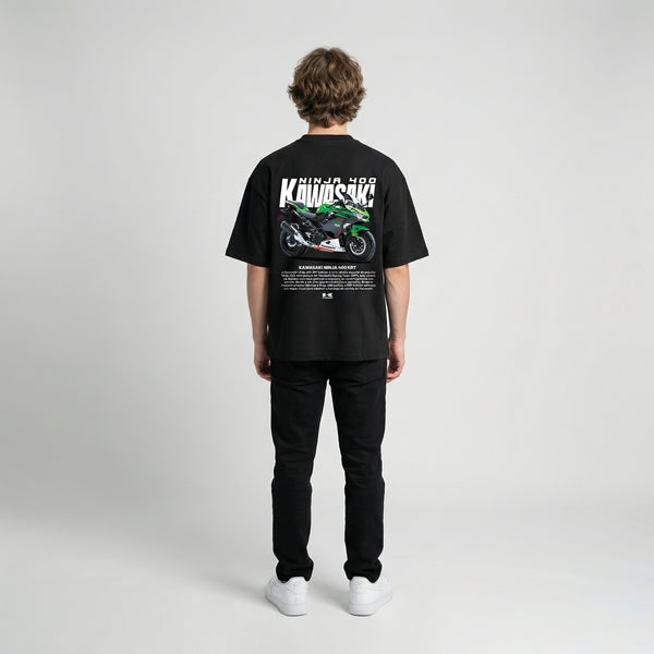 Black Kawasaki Ninja 400 KRT t-shirt full body back view with large Ninja 400 KRT back print | Durty Bikerz