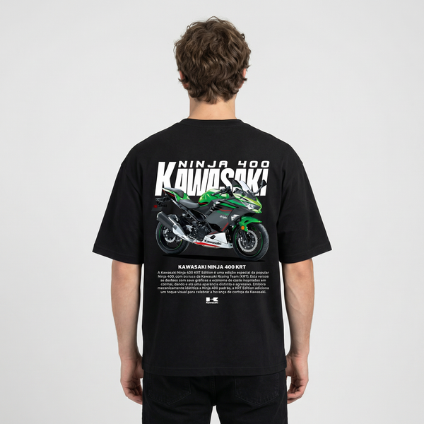 Black Kawasaki Ninja 400 KRT t-shirt back view with Ninja 400 KRT motorcycle graphic print | Durty Bikerz