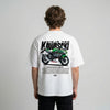 White Kawasaki Ninja 400 KRT t-shirt back view with Ninja 400 KRT motorcycle graphic print | Durty Bikerz