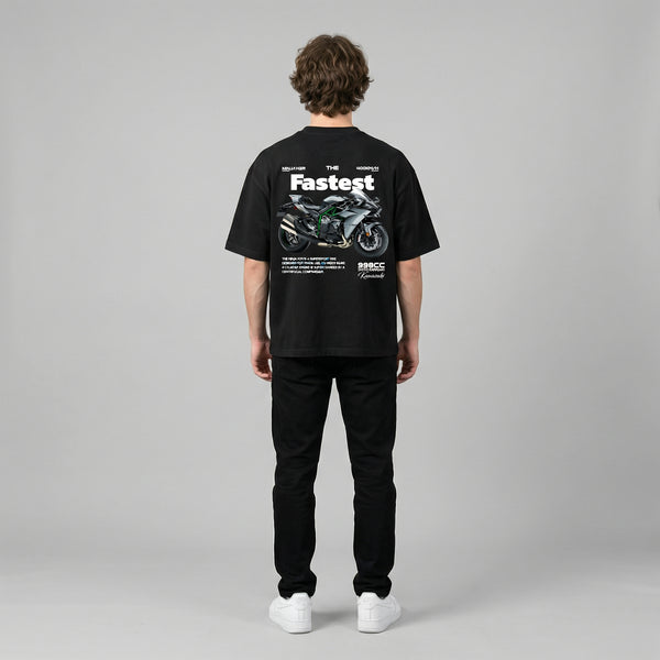 Black Kawasaki Ninja H2R t-shirt full body back view with large H2R back print | Durty Bikerz