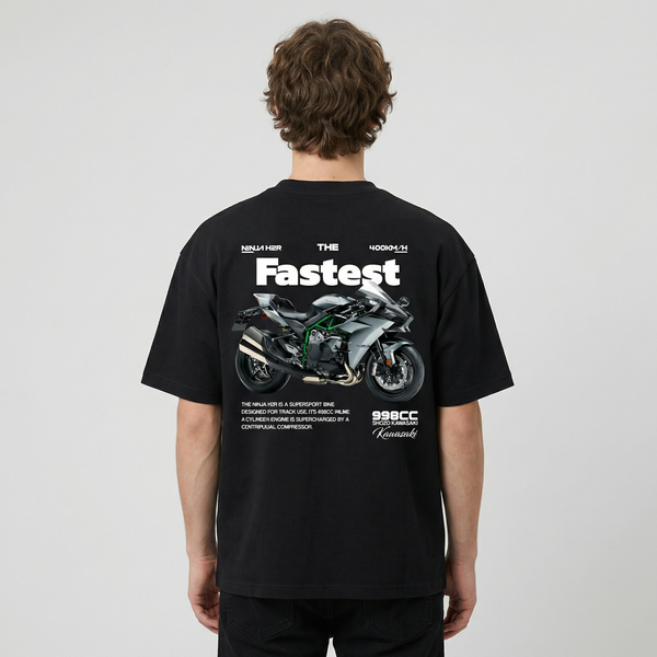 Black Kawasaki Ninja H2R t-shirt back view with Ninja H2R supercharged superbike graphic print | Durty Bikerz