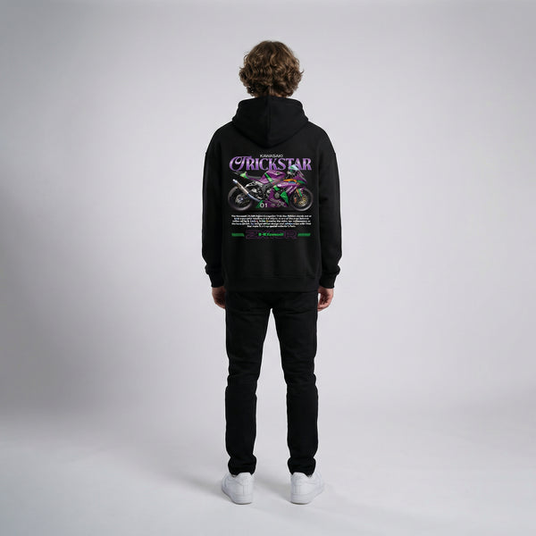 Black Kawasaki ZX-10R Trickstar hoodie full body back view with large ZX-10R back print | Durty Bikerz