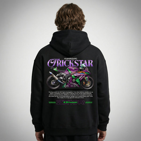 Black Kawasaki ZX-10R Trickstar hoodie back view with ZX-10R superbike graphic print | Durty Bikerz