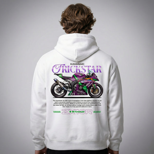 White Kawasaki ZX-10R Trickstar hoodie back view with ZX-10R superbike graphic print | Durty Bikerz