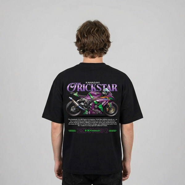 Black Kawasaki ZX-10R Trickstar t-shirt full body back view with large ZX-10R back print | Durty Bikerz