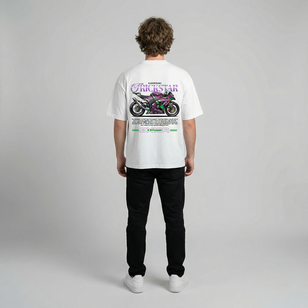 White Kawasaki ZX-10R Trickstar t-shirt full body front view | Durty Bikerz