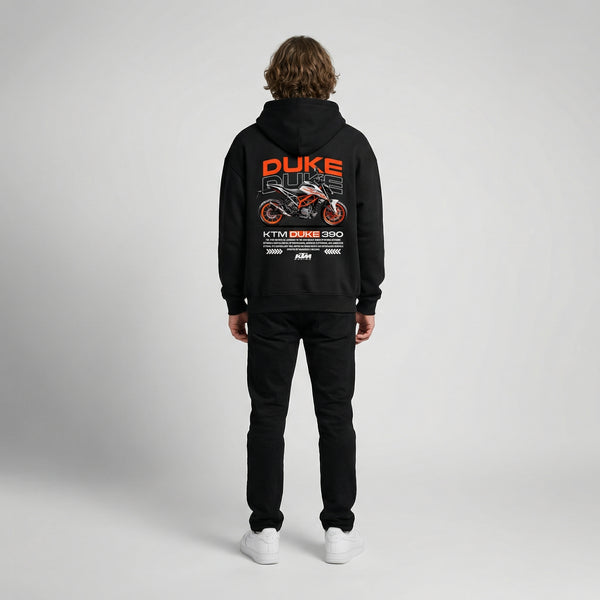 Black KTM Duke 390 hoodie full body back view with large Duke 390 back print | Durty Bikerz