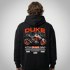 Black KTM Duke 390 hoodie back view with Duke 390 street bike graphic print | Durty Bikerz