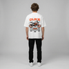 White KTM Duke 390 t-shirt full body back view showing large Duke 390 back print | Durty Bikerz
