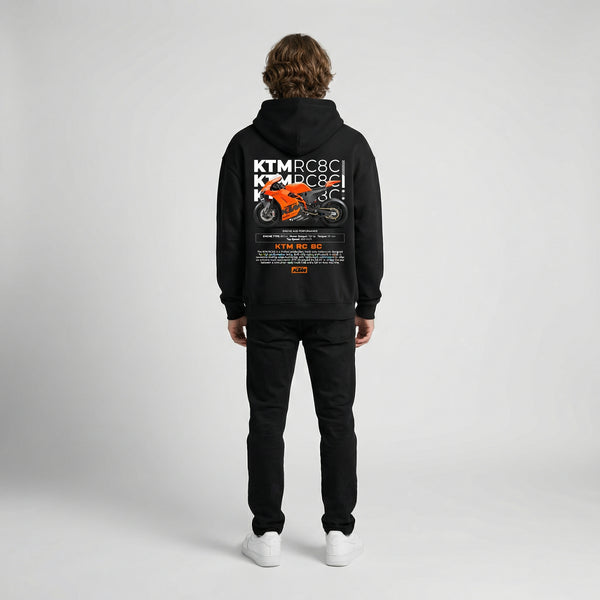 Black KTM RC8C hoodie full body back view with large RC8C back print | Durty Bikerz
