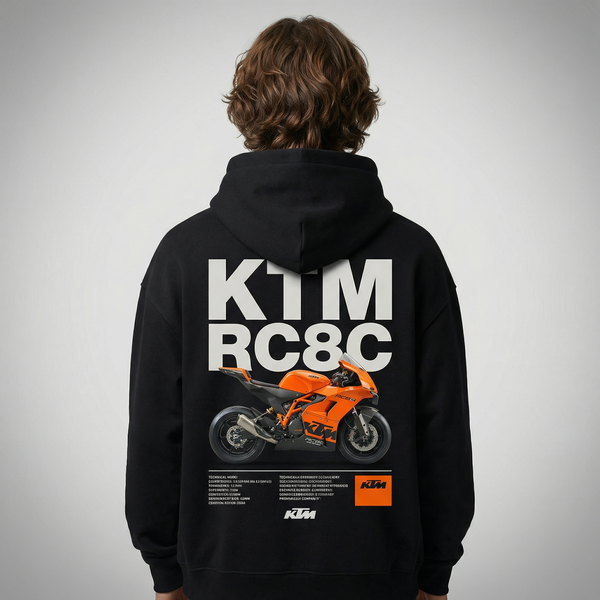 Black KTM RC8C hoodie back view with RC8C track bike graphic print | Durty Bikerz
