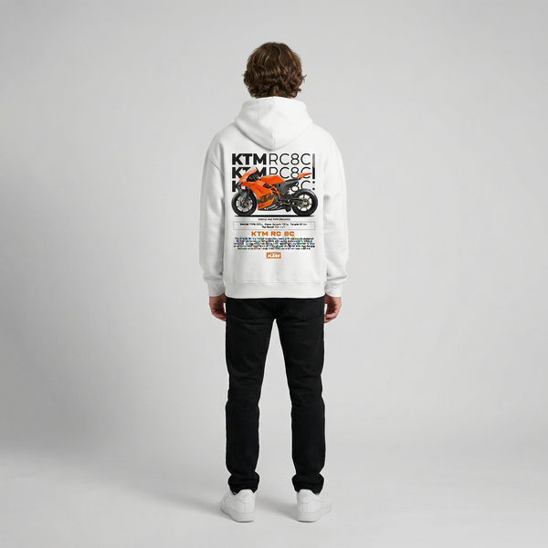 White KTM RC8C hoodie full body back view showing large RC8C back print | Durty Bikerz