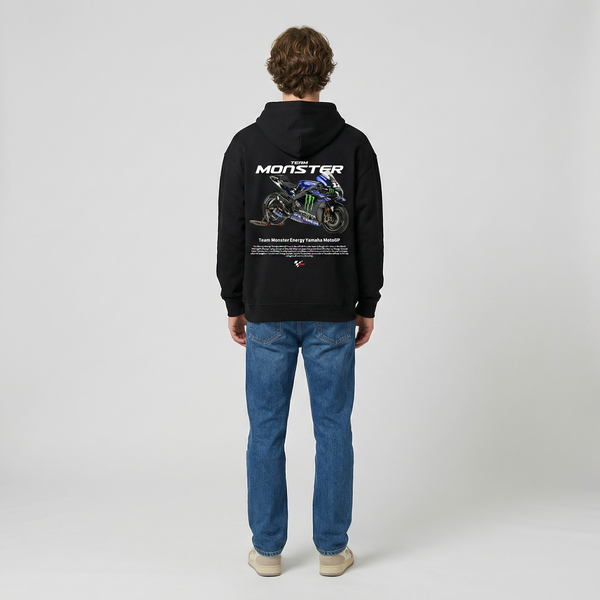 Black Monster Energy Yamaha MotoGP hoodie full body back view with large MotoGP back print | Durty Bikerz