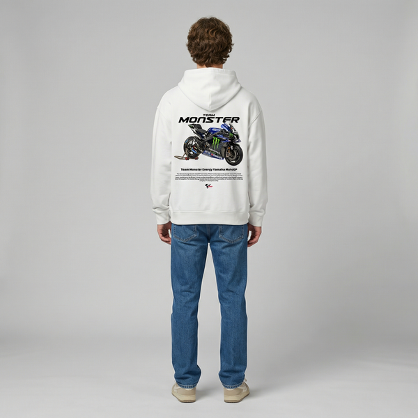 White Monster Energy Yamaha MotoGP hoodie full body back view showing large MotoGP back print | Durty Bikerz