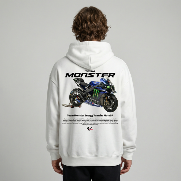 White Monster Energy Yamaha MotoGP hoodie back view with MotoGP bike graphic print | Durty Bikerz