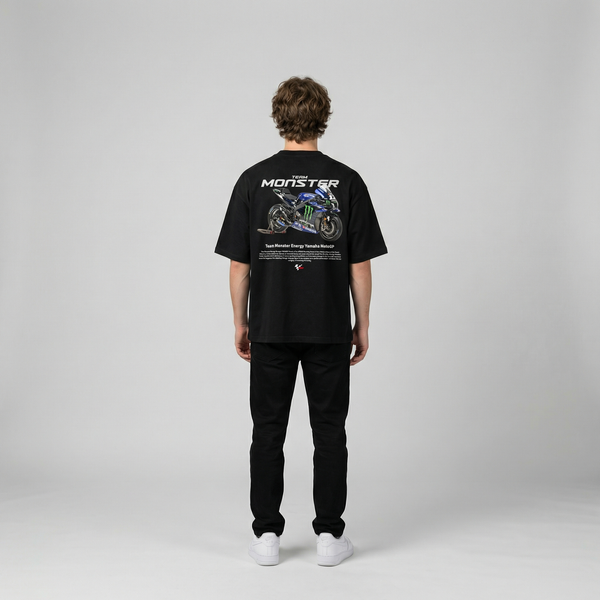 Black Monster Energy Yamaha MotoGP t-shirt full body back view with large MotoGP back print | Durty Bikerz