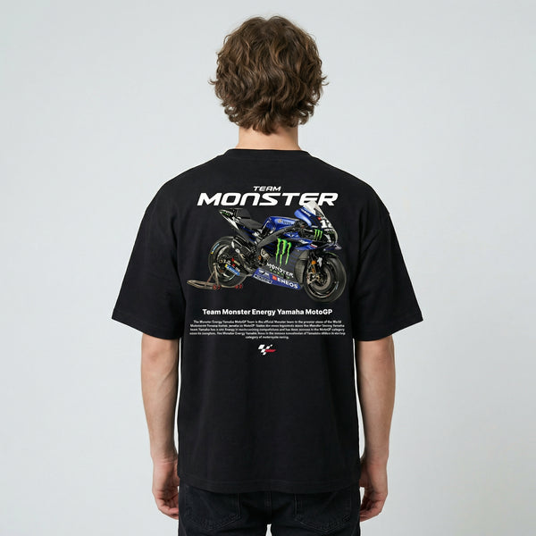 Black Monster Energy Yamaha MotoGP t-shirt back view with MotoGP bike graphic print | Durty Bikerz