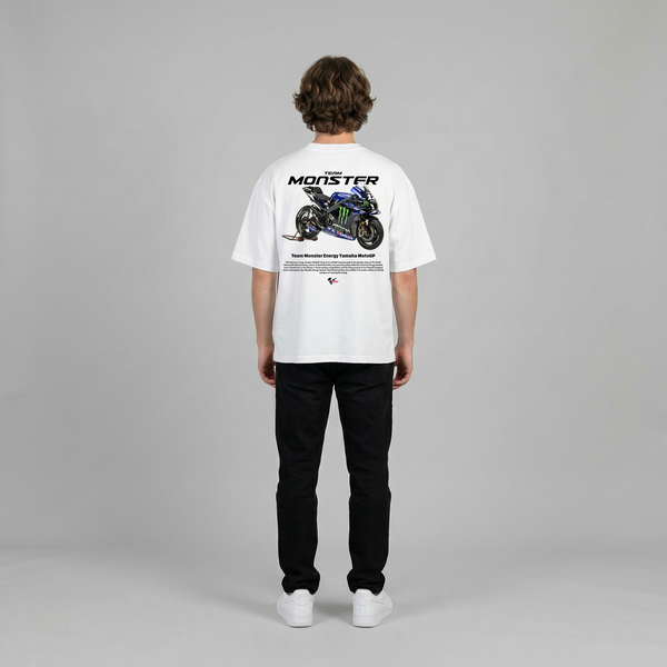 White Monster Energy Yamaha MotoGP t-shirt full body back view showing large MotoGP back print | Durty Bikerz